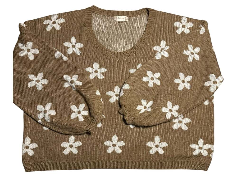Altar'd State Brown Daisy Floral V-Neck Balloon Sleeve Sweater Size S